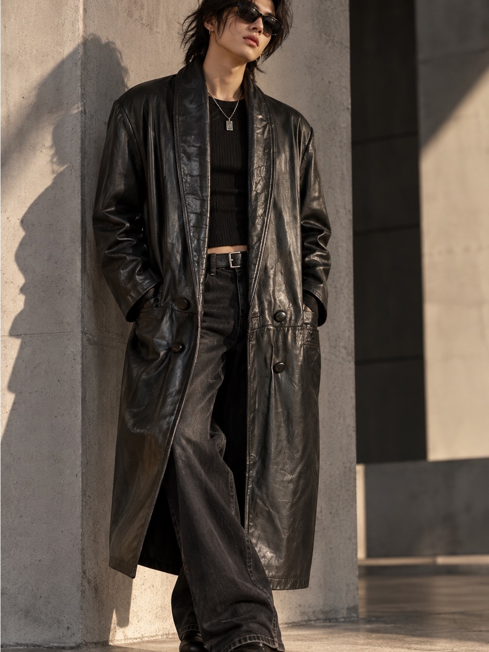 Men’s Vintage 1980s Global Identity Long Black Leather Coat Medium K-Pop